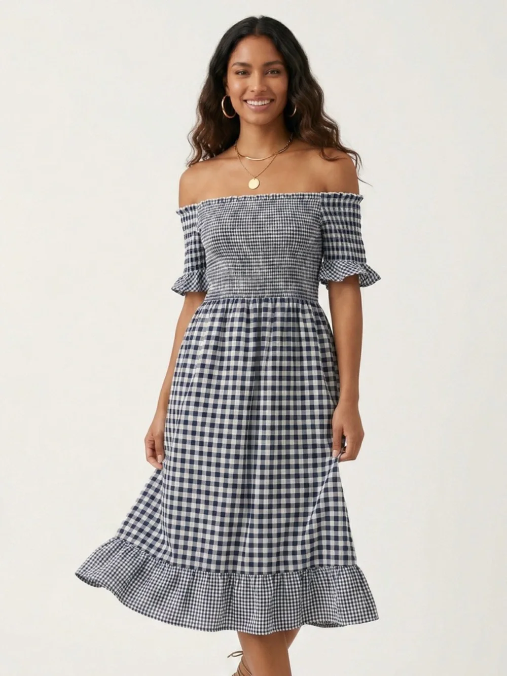POL Navy Smocked Gingham Midi Dress | Off Shoulder Checkered Dress Cottage - Picture 3 of 8